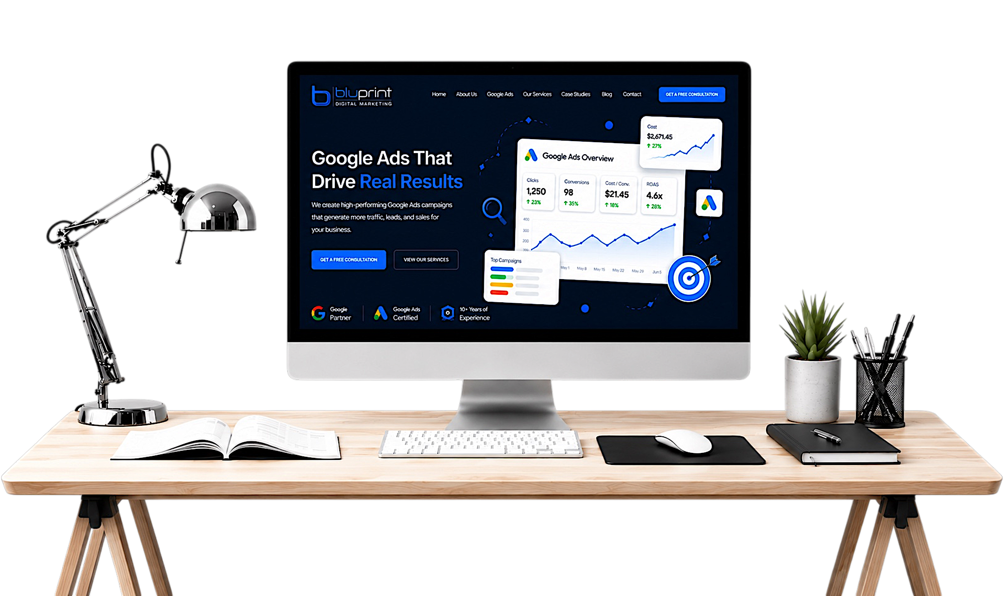 Bluprint Digital Marketing website displayed on a desktop monitor showing a Google Ads agency homepage with the headline "Google Ads That Drive Real Results" and a Google Ads performance dashboard graphic